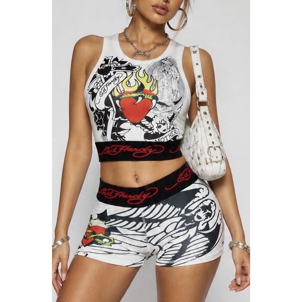 Ed Hardy Women’s Matching Set Size L Tattoo Graphic Crop Top Shorts Y2K Stretch